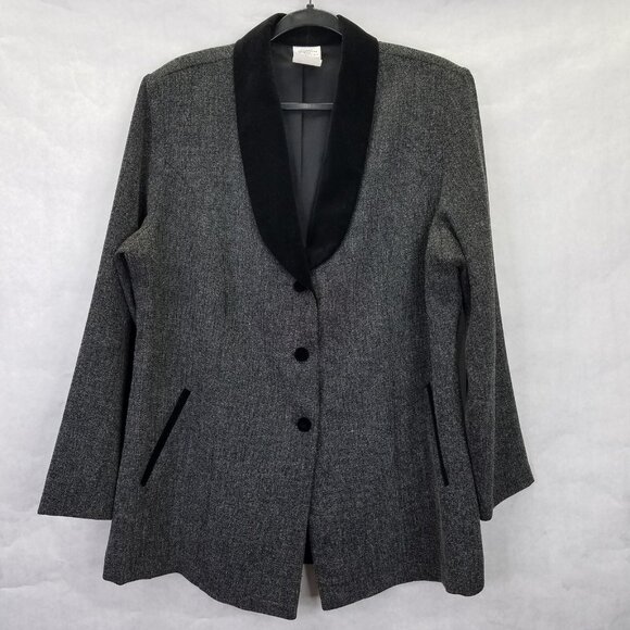 Giorgio Fiorlini Blazer Women's 16 Grey Tweed Black Velvet Collar Equestrian VTG - Picture 1 of 16